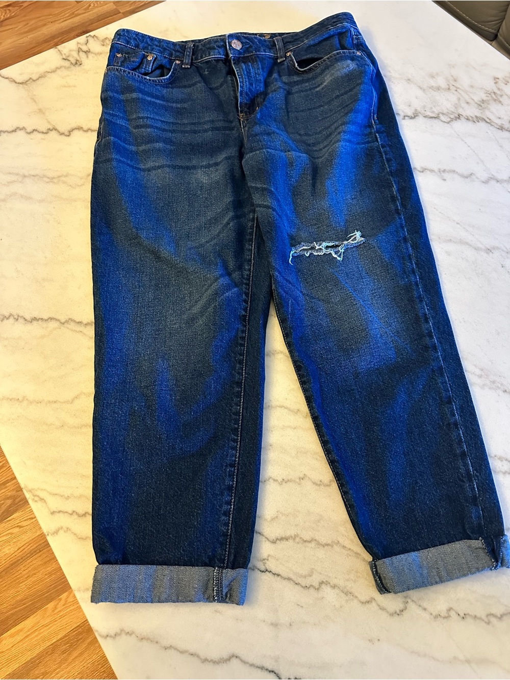 Seven7 Dark Blue Boyfriend Jeans with Distressed Knee